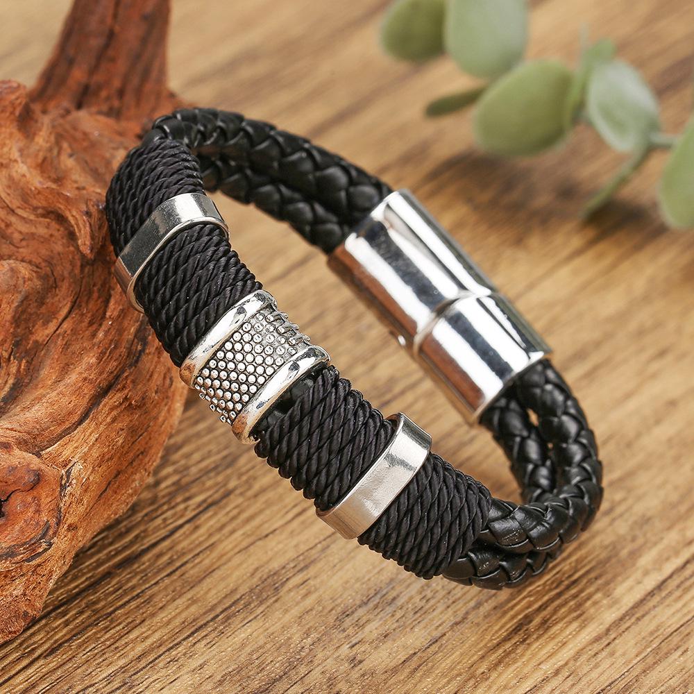 Men's Retro Style Magnetic Buckle Leather Bracelet with Zinc Alloy and Volcanic Stone