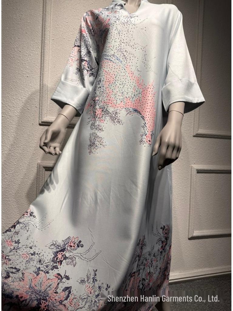 SM003 Muslimisches Jalabiya-Print-Langarmkleid mit Heißbohren - Damenbekleidung im Dubai-Stil