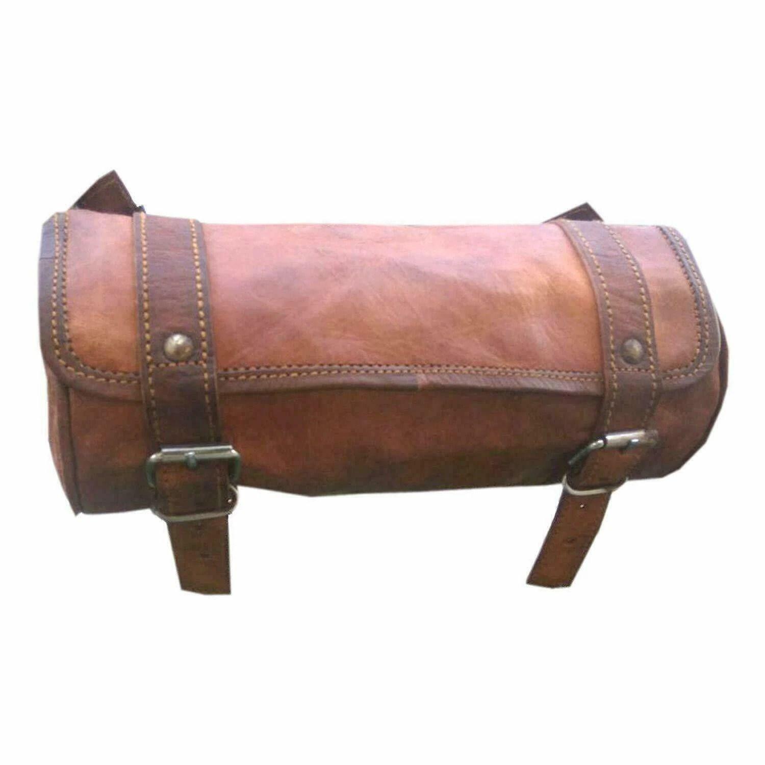 

Leather Motorcycle Tool Bag Genuine Goat Strap Buckle Closure Vintage Brown Roll 9 x 5 x4 in