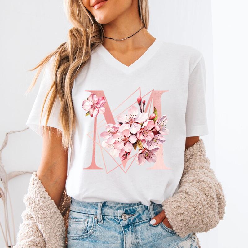 AZ 26 Alphabet Unisexs VNeck TShirt Pink Sakura Letter B Graphic T Shirts Unisex Letters ABCD Casual Tees Fashion Y2K Tops