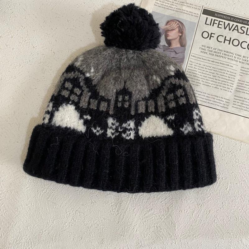 JYL TS DIY Fair Isle Beanie Women Winter Thickened Warm Ear Protection Hat Acrylic