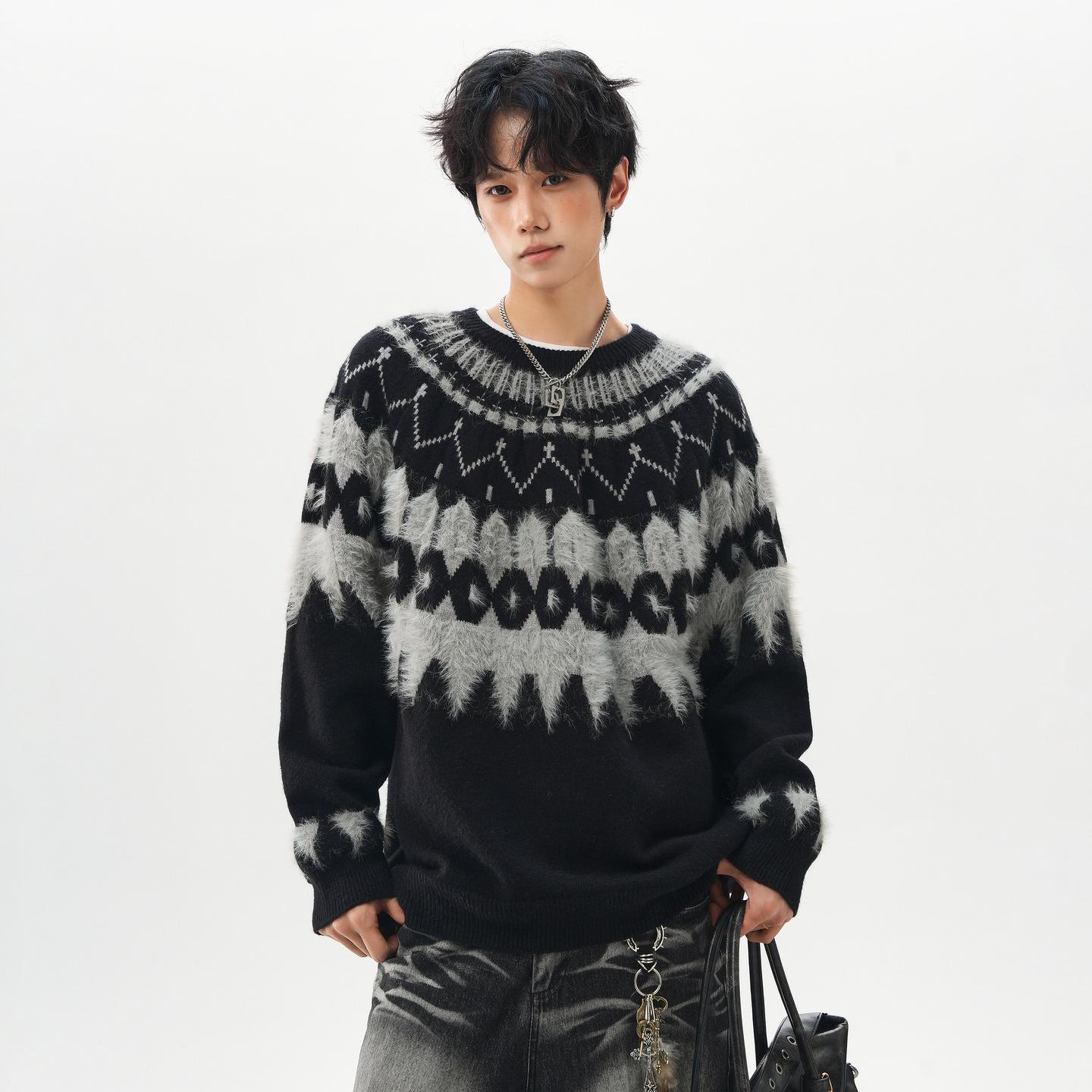 

2025 Men s Trendy Loose Fit Color Block Fair Isle Jacquard Mohair Sweater M чорний