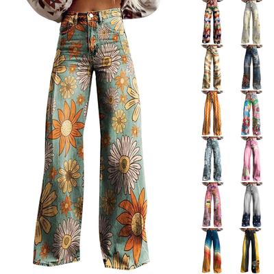 Wide Leg Flare Jeans for Women with Pockets Baggy Pants Vintage Floral Print High Waisted Loose Pant