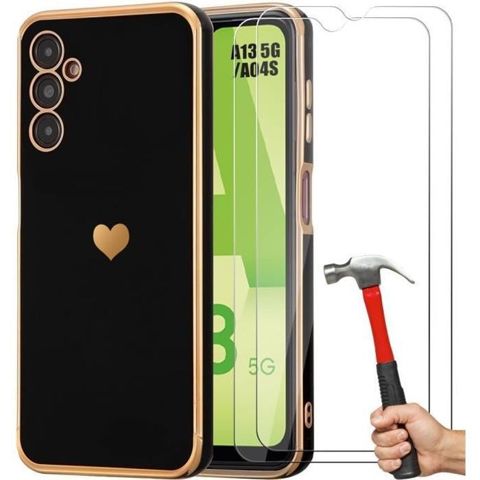 Case - Booling - for Samsung Galaxy A04s / A13 5G - Black - Heart Pattern - TPU with 2 Tempered Glasses