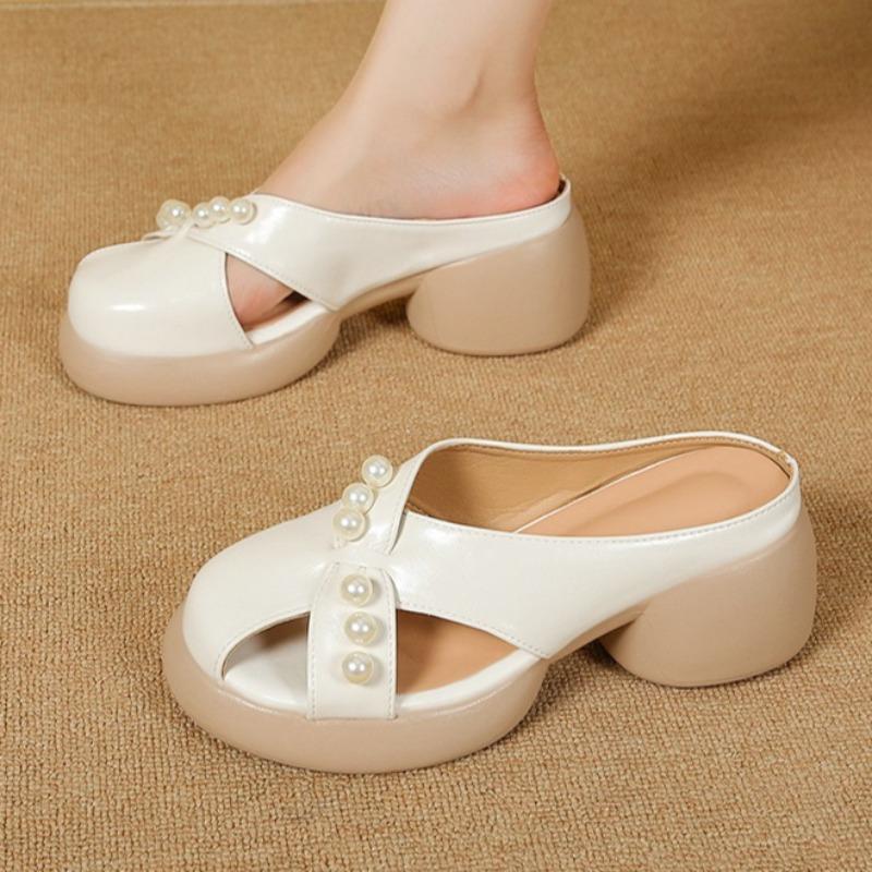 Fashion Women Mid Heels Slippers Designer Elegant Bead Shoes for Woman Fashion Slingback Sandals 2025 Summer New Pumps Mujer Sandalias