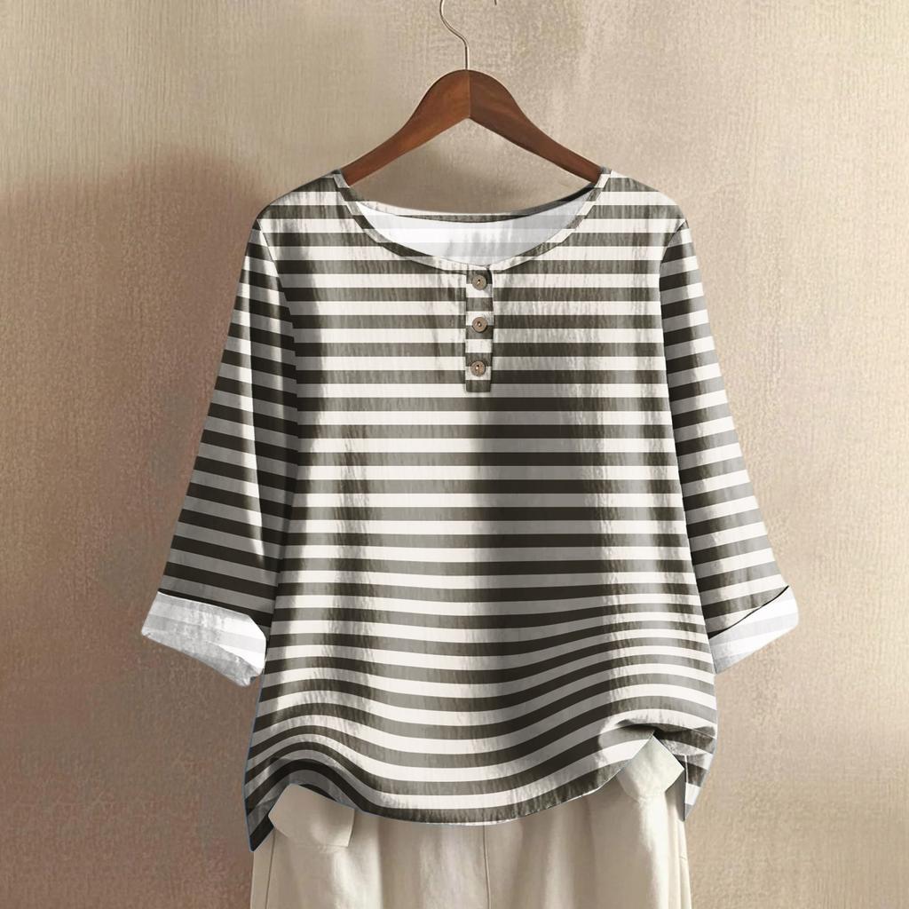 Women's Casual Three-quarter Sleeve Round Neck Gradient Color Printed Cotton And Linen Top