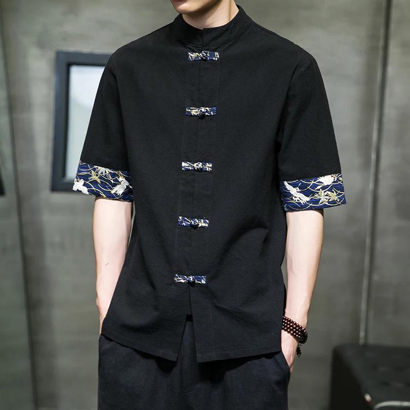 

Japanese Kimono Shirt Men Chinese Retro Casual Print Cotton Linen Stitching Short-sleeved Tops Summer Top Quality Men Streetwear 5XL чорний