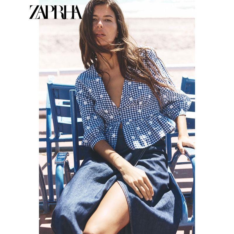 Zaprha 2025 Summer New Versitile Fashion Embroidery Small Plaid V-neck Puff Sleeves Top 3564052