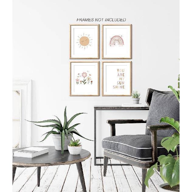 XWELLDAN Boho Rainbow Sun Cloud Flower You Are My Sunshine Nursery Poster Wall Art Prints,Boho Gifts for Baby Girls,Bohemian Wall Art Decor for Baby