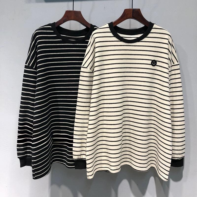 

Женская футболка с длинным рукавом из полосатого трикотажа с улыбающимся лицом больших размеров - Весна и Осень 3XL абрикосовый