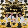 Happy Work Anniversary Decorations Black Gold Happy Workiversary Banner Honeycomb Centerpieces Hanging Swirls Tissue Paper Pompoms Sash Set for