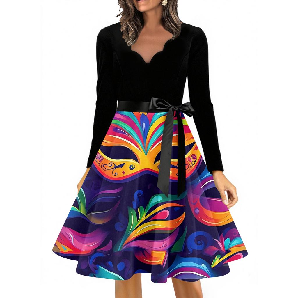 Women's Casual Fashion V Neck Long Sleeve Printed Vintage Long Dress
