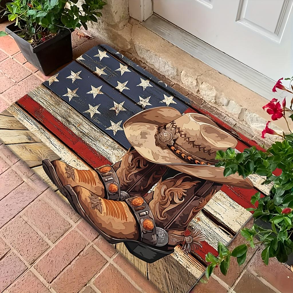 Retro American Flag Cowboy Doormat Ultra-Soft Flannel Rug, Western Boot Hat Design Non-Slip Machine Washable Door Mat