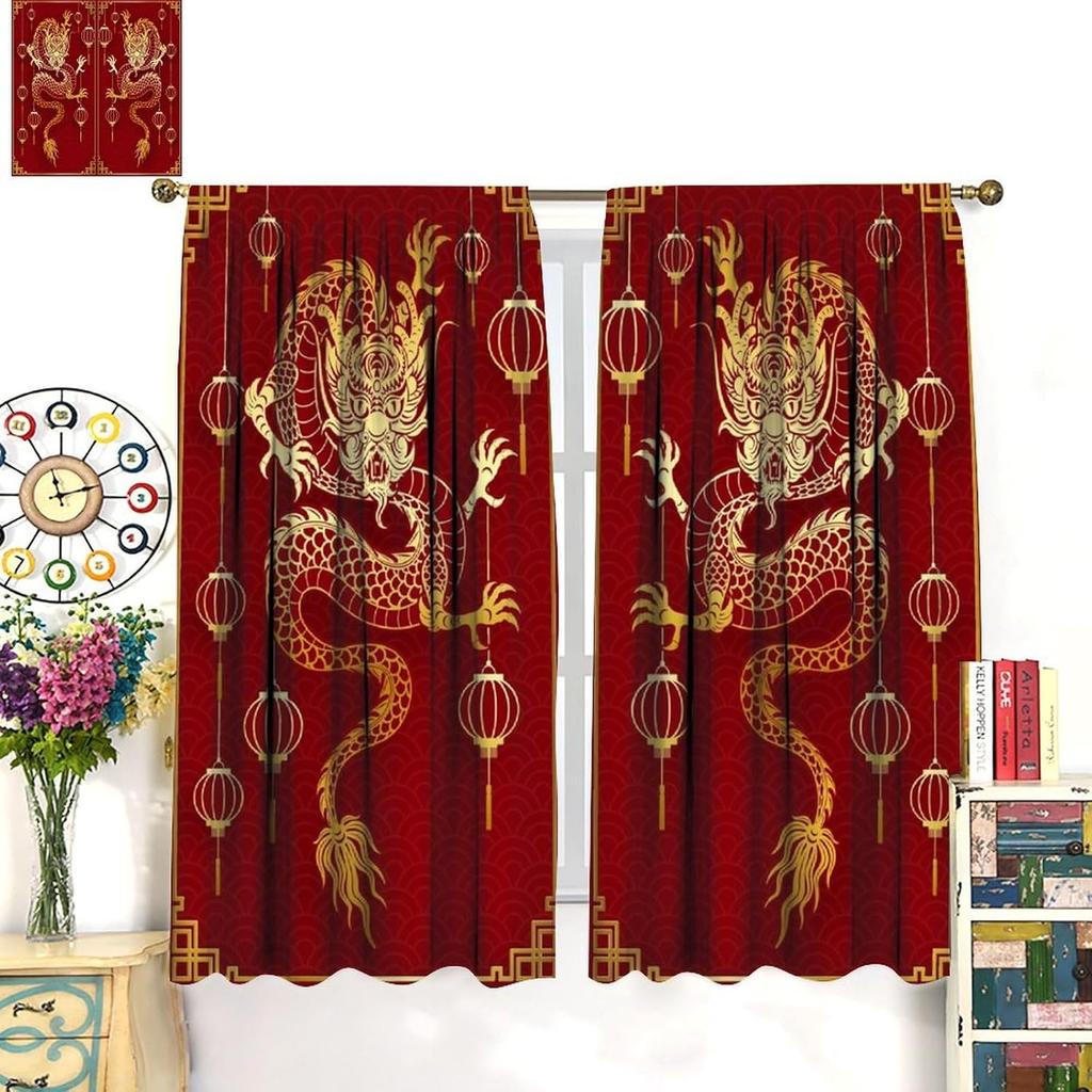 China Dragon Curtains   Asian Red Festive Lanterns Traditional Animals Windows Treatments   Thermal Insulation Rod Pocket Drapes f