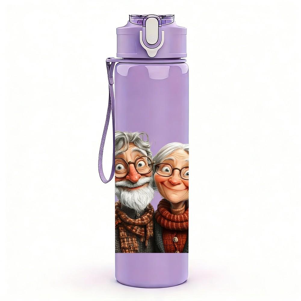1PC Elderly Old Couple Portrait Pattern 750ml Color Plastic Sports Water Bottle Leakproof Flip Straw Lid Suitable for Sports Office Home Use