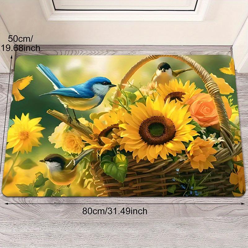 1Pcs Anti Fatigue Kitchen Rugs, Sunflower BirdPrint Waterproof Non-Slip Thick Cushioned Kitchen Mat Heavy Duty Comfort Standing Mat for Kitchen