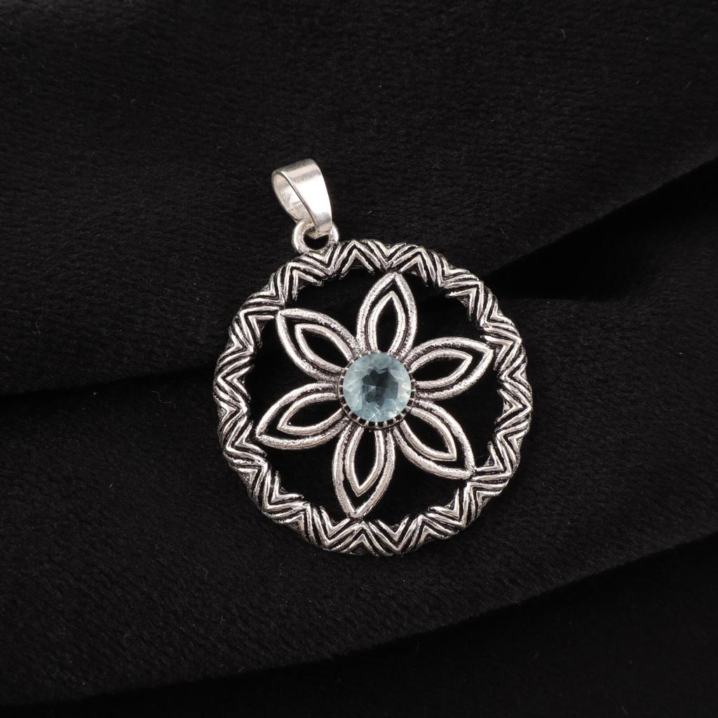 Natural Sky Blue Topaz Gemstone 925 Sterling Silver Jewelry Boho Pendant 1.48" CP-29-13