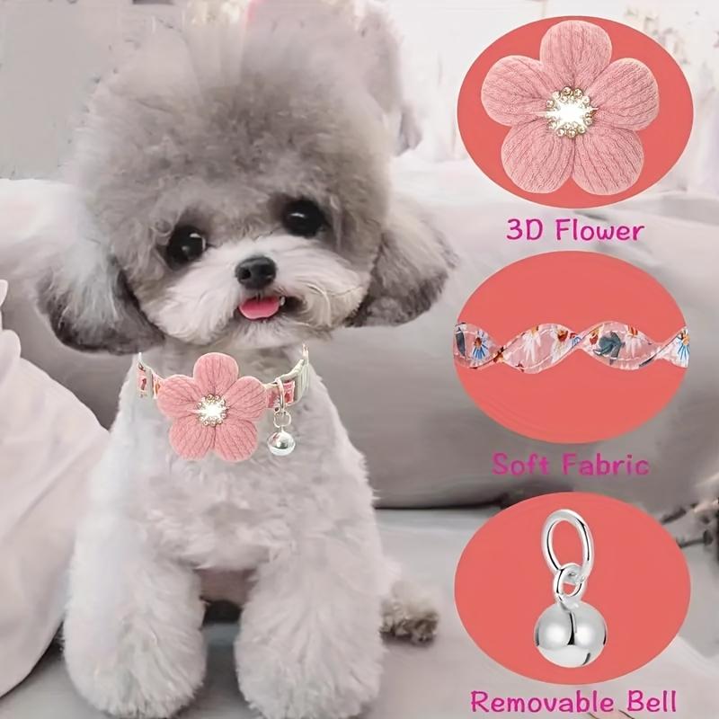 Floral Dog Collar with 3D Flower Charm and Detachable Bells - Suitable for Small Dogs and Cats, Soft Adjustable Polyester Pet Collar