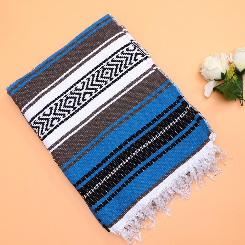Thick Mexican Woven Blanket Polyester Cotton Soft Vibrant Colors Home Decor Sofa Bedroom Car Use Blue 130X180Cm Blended