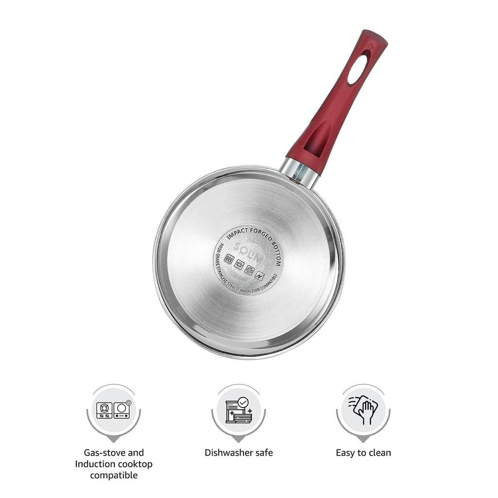 Stainless Steel Heavy Bottom Sauce Pan with Glass Lid|Three Layer Impact Forged Bottom for Durability|Premium Look with Soft Touch Handles&Knob