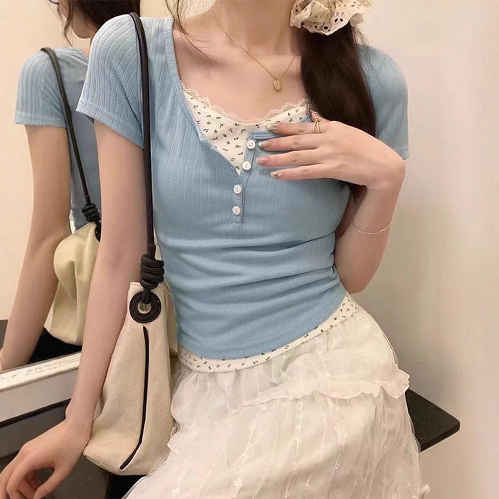 Korean Y2K Lace Faux Two-Piece Short Sleeve Women's Slim Top