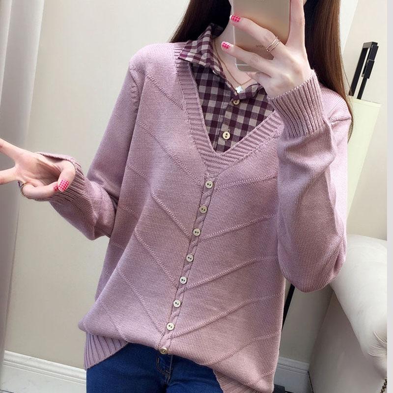 plain lapel patchwork winter loose sweater