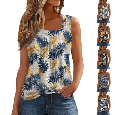 Regata de gola quadrada feminina estampa camiseta casual folgada sem mangas