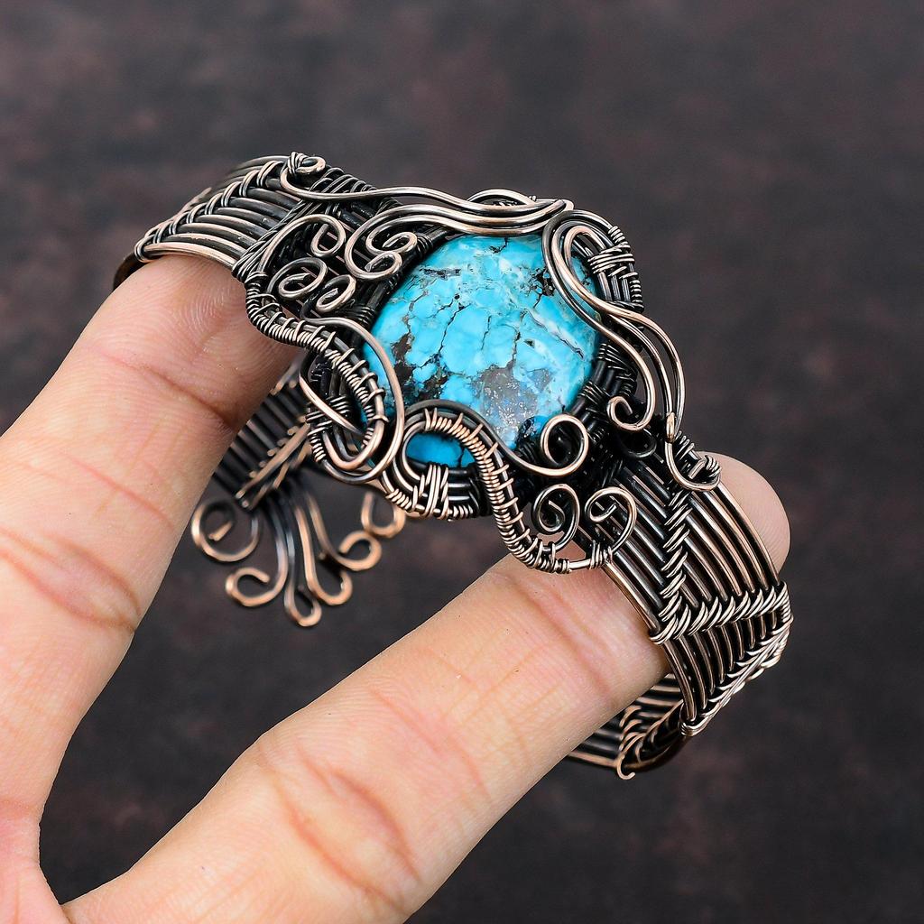 Tibetischer Türkis Edelstein Armreif Verstellbarer Manschettenarmreif Kupferdraht umwickelter Armreif Handgefertigter Designer Armreif Kupferschmuck Geschenk für Frauen