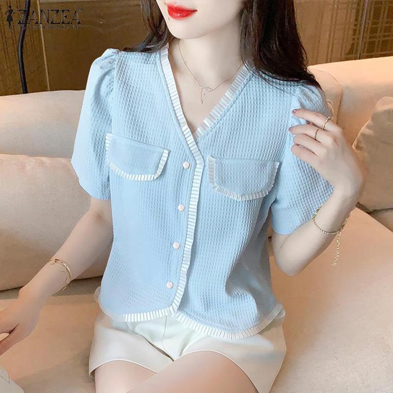 

ZANZEA Lady Women s Summer V-Neck Short Sleeve Solid Color Loose Waffle Top