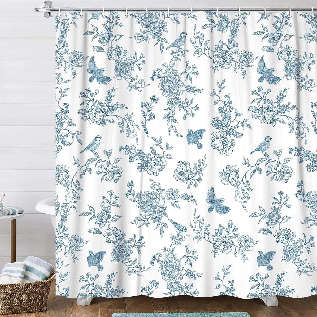 Blaues florales Duschvorhang-Set, Vintage Retro Cottagecore Floral Botanisch Vögel Blüte Blume Boho Ästhetik Stoffdusche