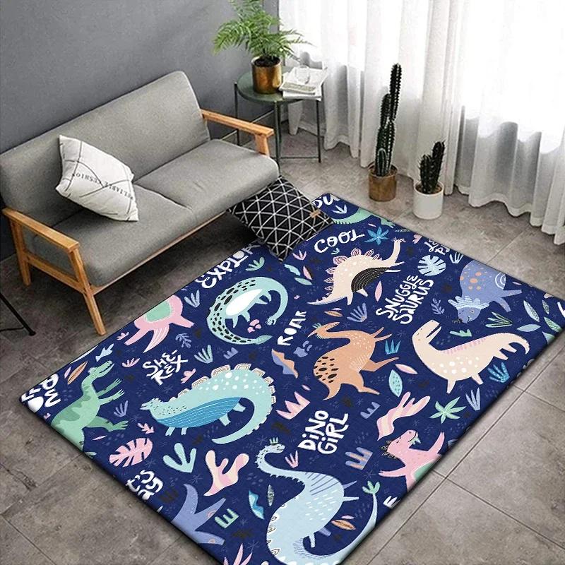 1 pieza Alfombra linda con estampado de dinosaurio de dibujos animados para sala de estar, dormitorio, alfombra para gatear para niños resistente a las arrugas, alfombra de suelo antideslizante