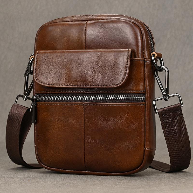 Casual top layer cowhide men's crossbody bag small shoulder bag outdoor waterproof mini waist bag for male phone pouch crossbody