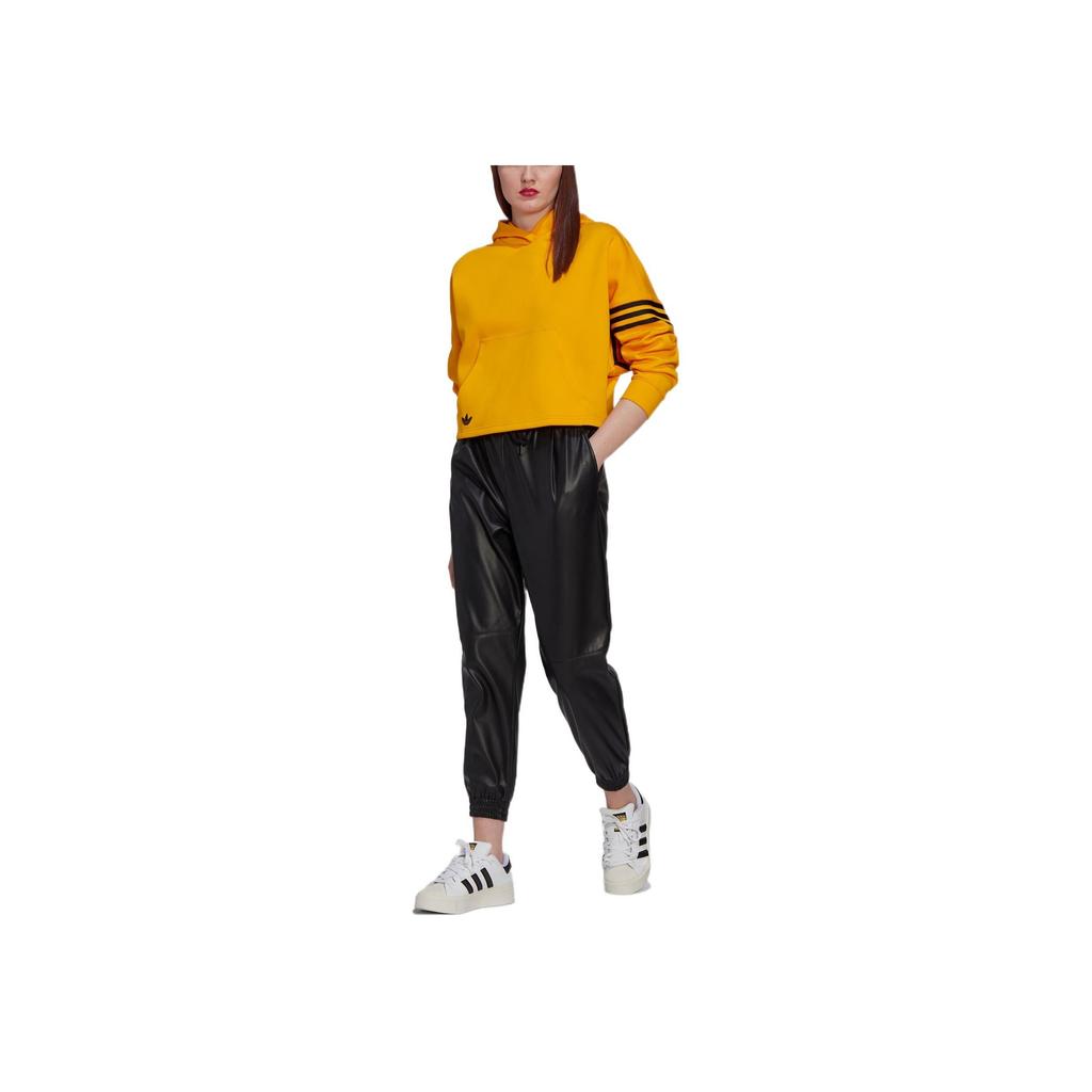 adidas Solid Color Logo Print Hoodie Long Sleeve Sweatshirt Women Tops Yellow HT8846