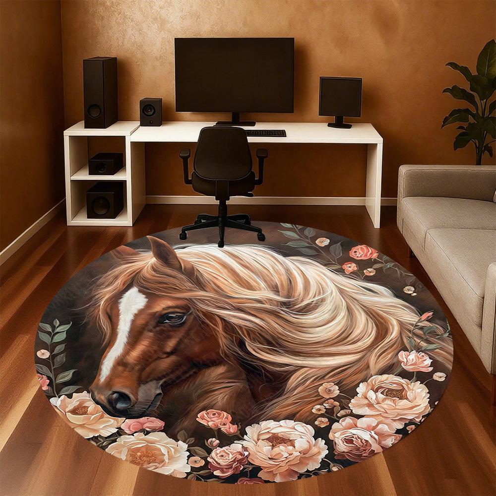 1PC horse flowers Office Round Area Rug, Under Office Chairs Bedroom Living Room Home Decor, Carpet for Office -1110166
