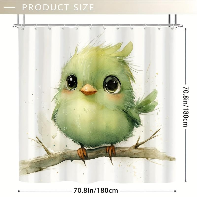 Cute Green Bird Shower Curtain - 71X71 Inch, Watercolor Cartoon Design, 12 Hooks, Polyester, Perfect For Home & Summer Decor