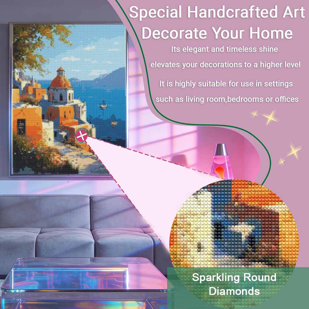 Diamant Schilderij Kit. Doe-het-zelf Diamantkunst. Santorini Mediterrane Scenery Cadeau voor Vrienden en Familie. Woondecoratie Kunstwerk (Volronde Boren)