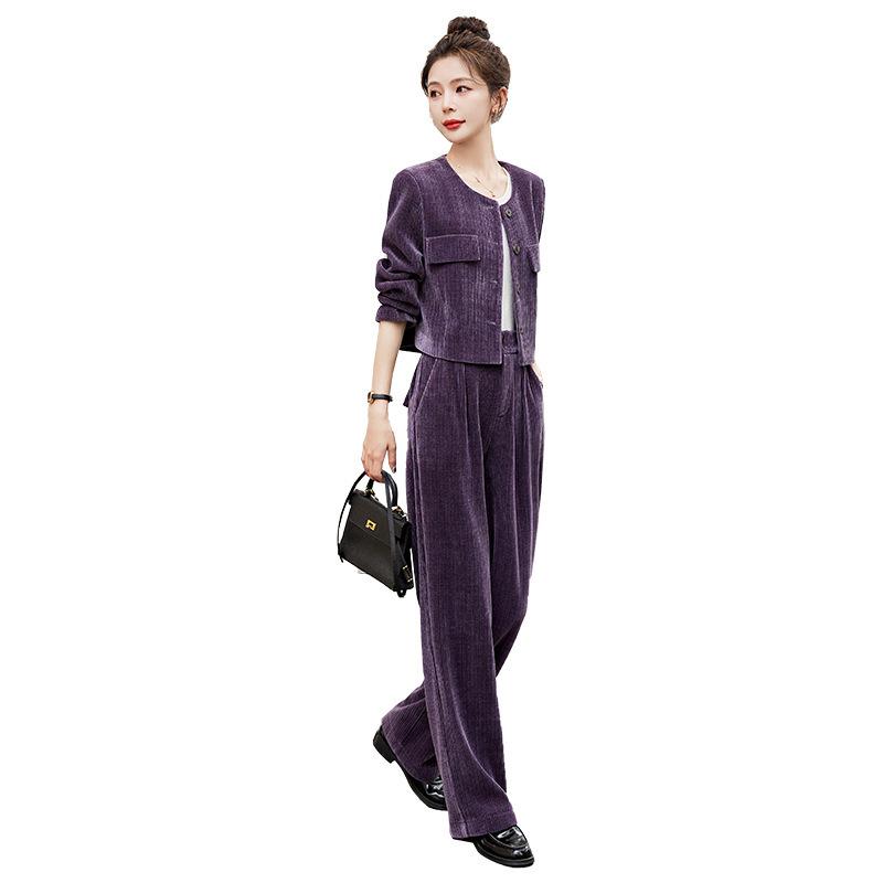 Professional Suit Women's Autumn High-end Fashion Corduroy Two-piece Wide-leg Pants Western Style