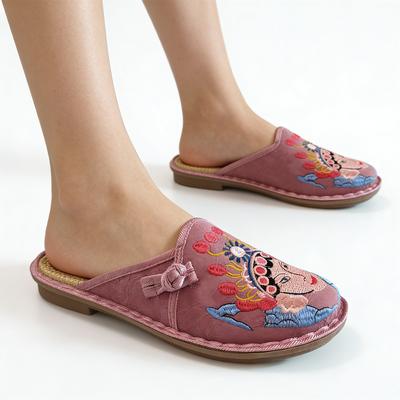 Traditional Style Women Chinese Peking Opera Embroidered Mules Summer Slip On Clogs Casual Comfortable Cloth Slippers Outdoor Daily Wear Plus Size 41