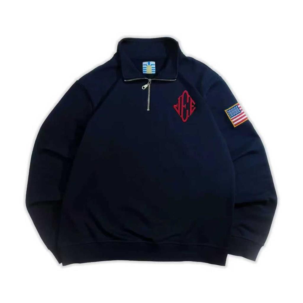 FlowStreet Y2K Tmavě modrá mikina se čtvrtinovým zipem s vyšívanou americkou vlajkou USA, bunda, muži, ženy, Vintage Streetwear, módní trend, top