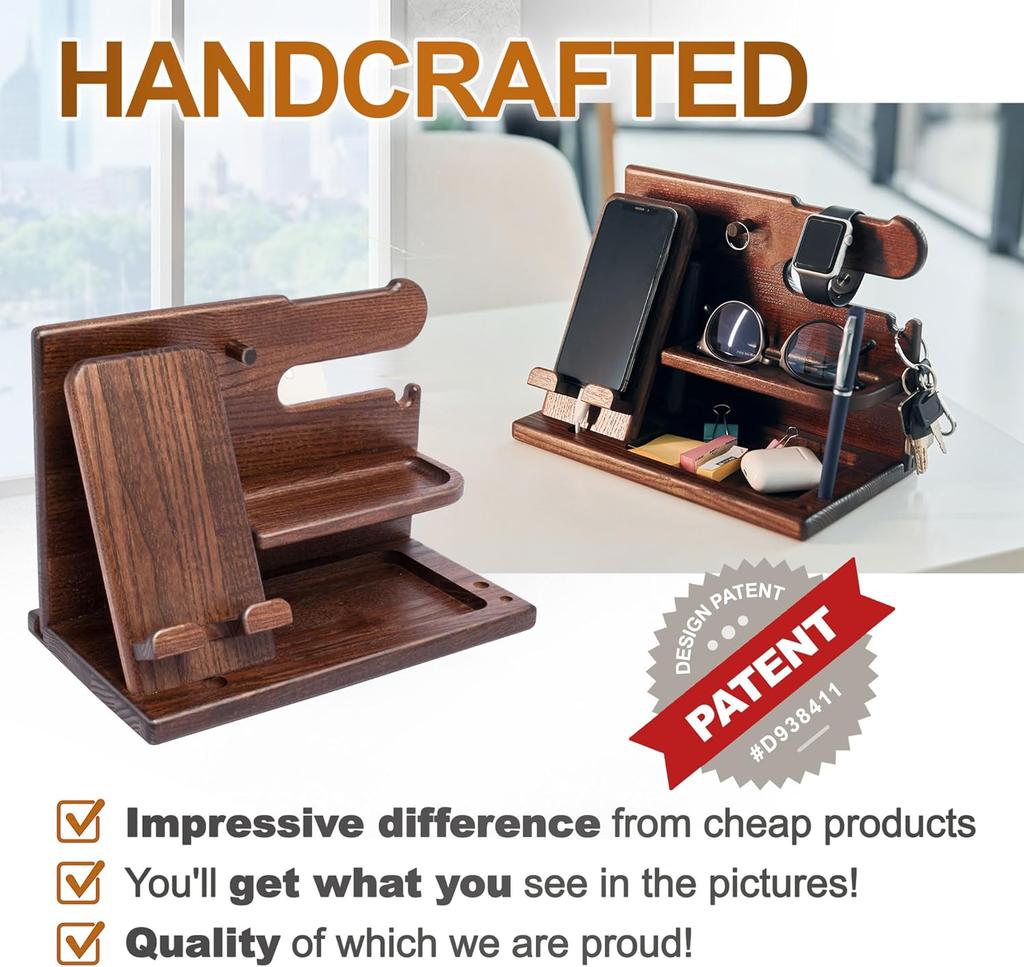 Gifts for Men Wood Phone Docking Station Desk Organizer Fathers Gifts Gifts for Him Xmas Gift Anniversary Birthday Presents Nightstand Key
