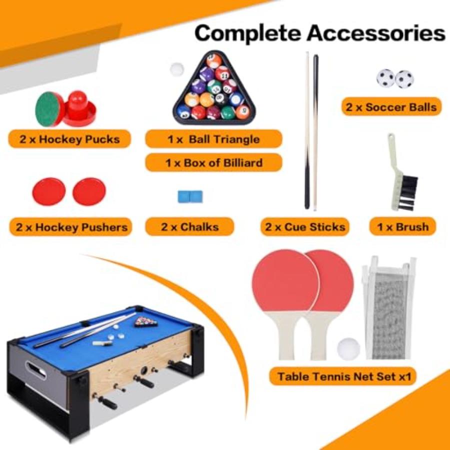 36 4-in-1 Drehbarer Multifunktions-Spieltisch Mini-Kombinations-Spieltisch für den Innen- und Außenbereich mit Billard, Hockey, Tischfußball und Tischtennis