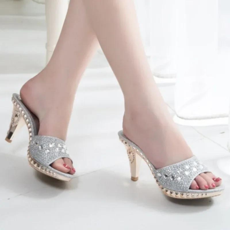 Mode 2024 Sommer Neu Luxus Strass Designer Damen High Heels Kristall Bankett Party Elegant Kleid Slingback