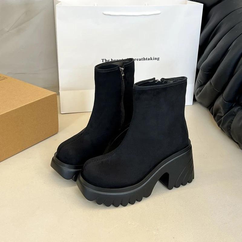 

2026 New Winter Super High Heels Boots Women Suede Leather Platform Botas Mujer 36-42 Big Size Flock Ankle Botines for Woman 36 чёрный