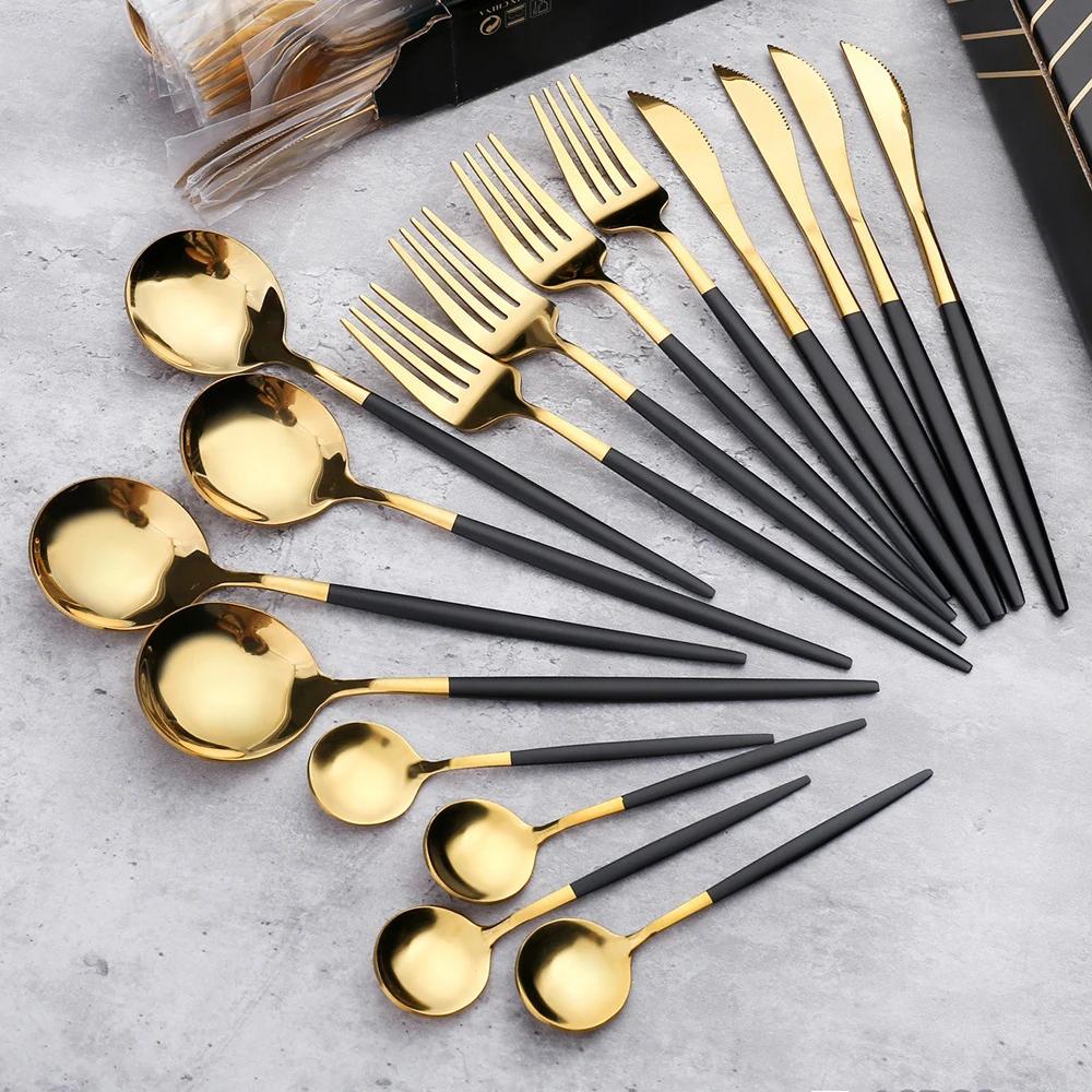 30Pcs Gold Thin Cutlery Stainless Steel Tableware Western Dinner Set Solid Color Knife Fork Spoon Mirror Kitchen Utensils