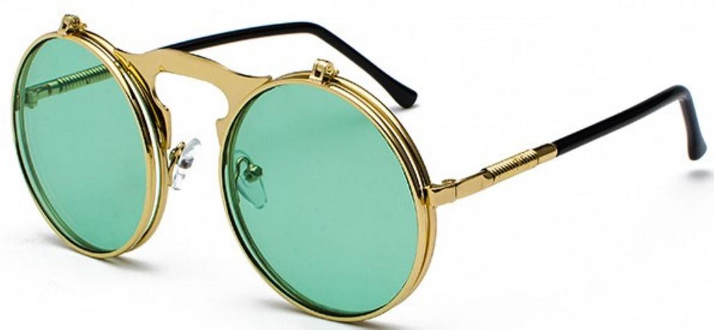 Steampunk Sunglasses Round Glasses Classic Fashion Stylish Full Rim Type Flip-up (Gold Green)