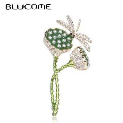 Lotus Flower with Dragonfly Brooches for Women New Design Gold Color Wedding Jewelry Banquet Pins