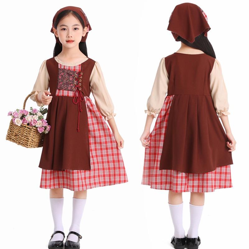 Halloween Children Adult Match Pastoral Checkered Dress Artistic Vintage Linen Fake Two Skirt Performance