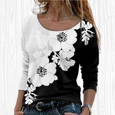 Women Autumn Tops Loose Cat Flower Pattern Print Causal Long Sleeve T-shirt Top Blouse