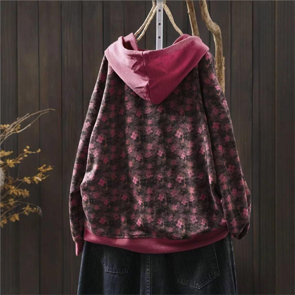Johnature Women Vintage Print Floral Hooded Sweaters Pullover Pockets Autumn Casual Terry Long Sleeve Female Sweaters
