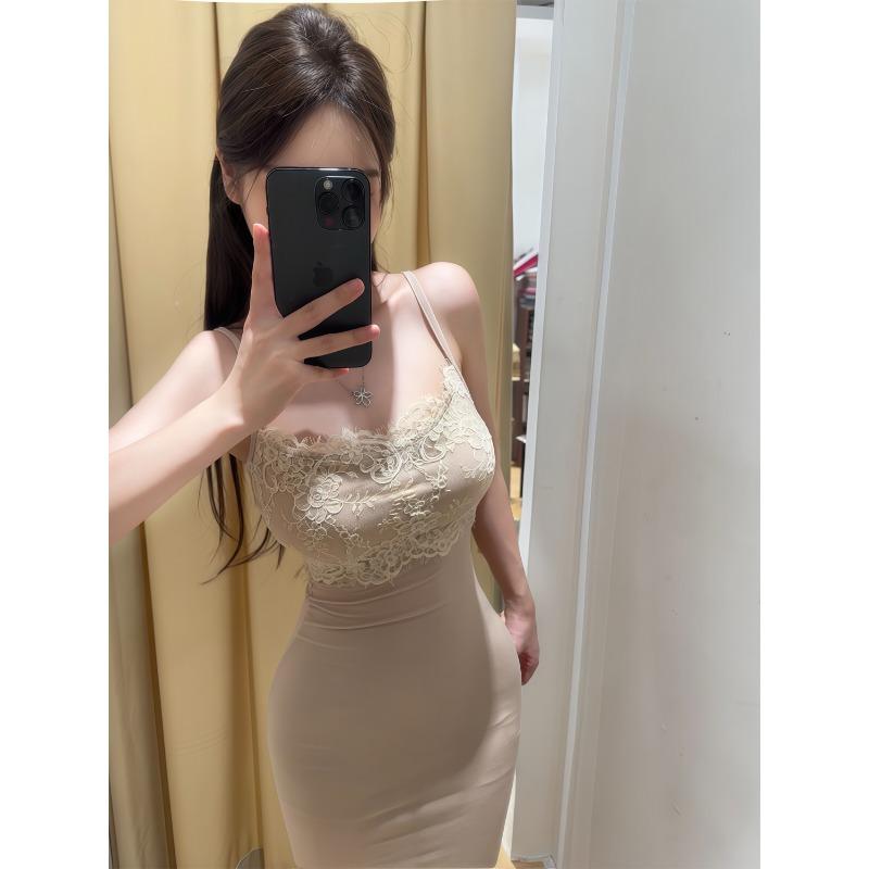 Women's Lace Trim Spaghetti Strap Bodycon Maxi Dress Elegant Slim Evening Party Gown